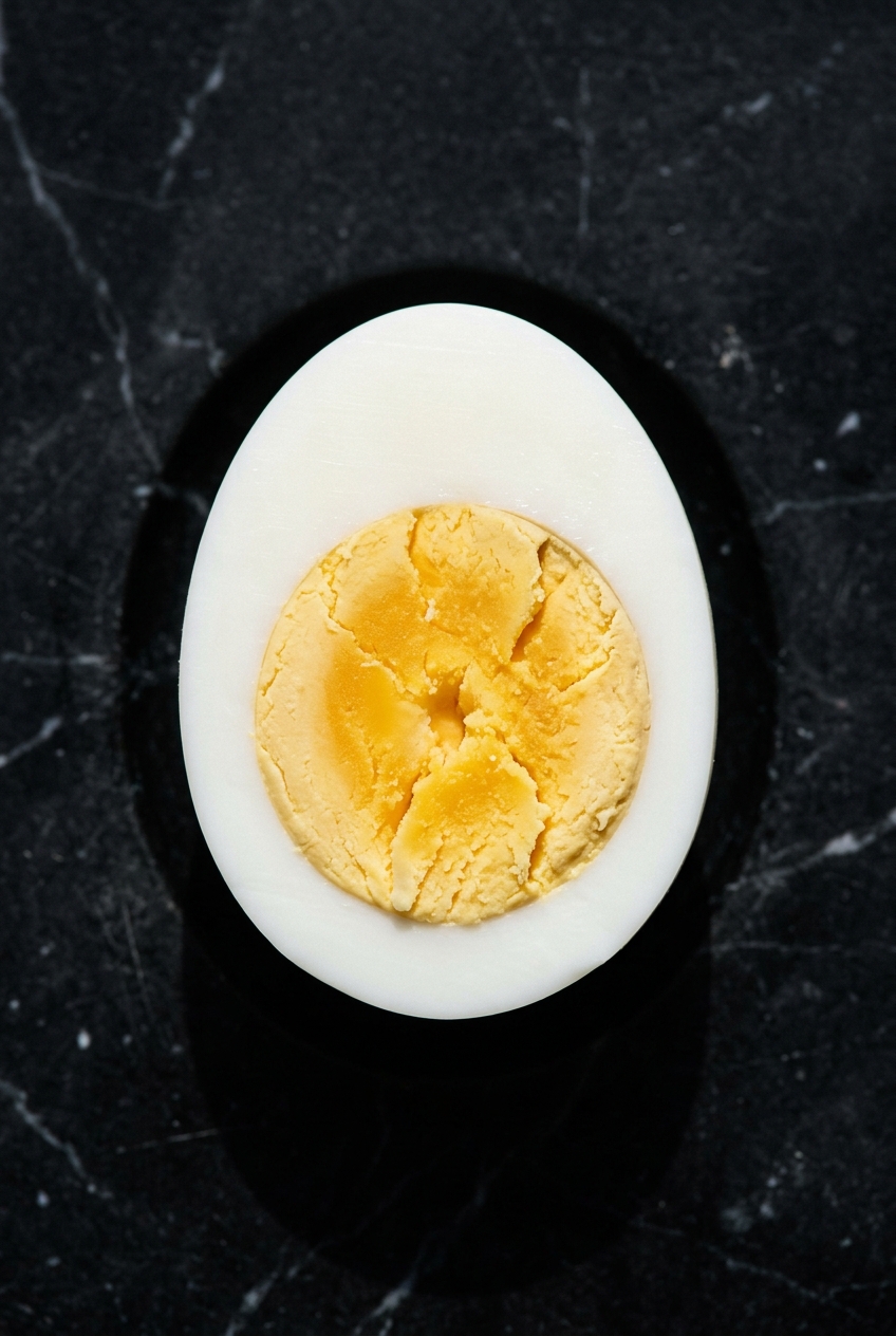 Macro overhead of a halved hard boiled egg showing fully set pale golden yolk, no gray ring, on black marble