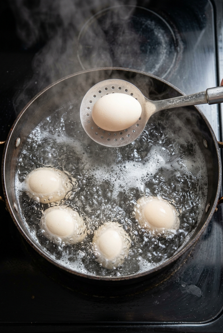Overhead view of large eggs being lowered one at a time into a pot of vigorously boiling water with a slotted spoon