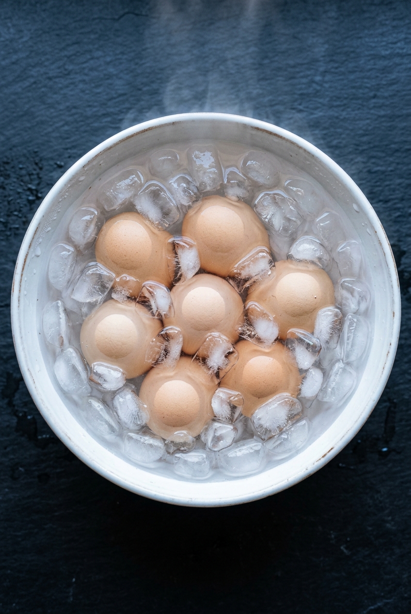 Overhead view of six hard boiled eggs submerged in an ice bath with dense ice cubes in a large bowl