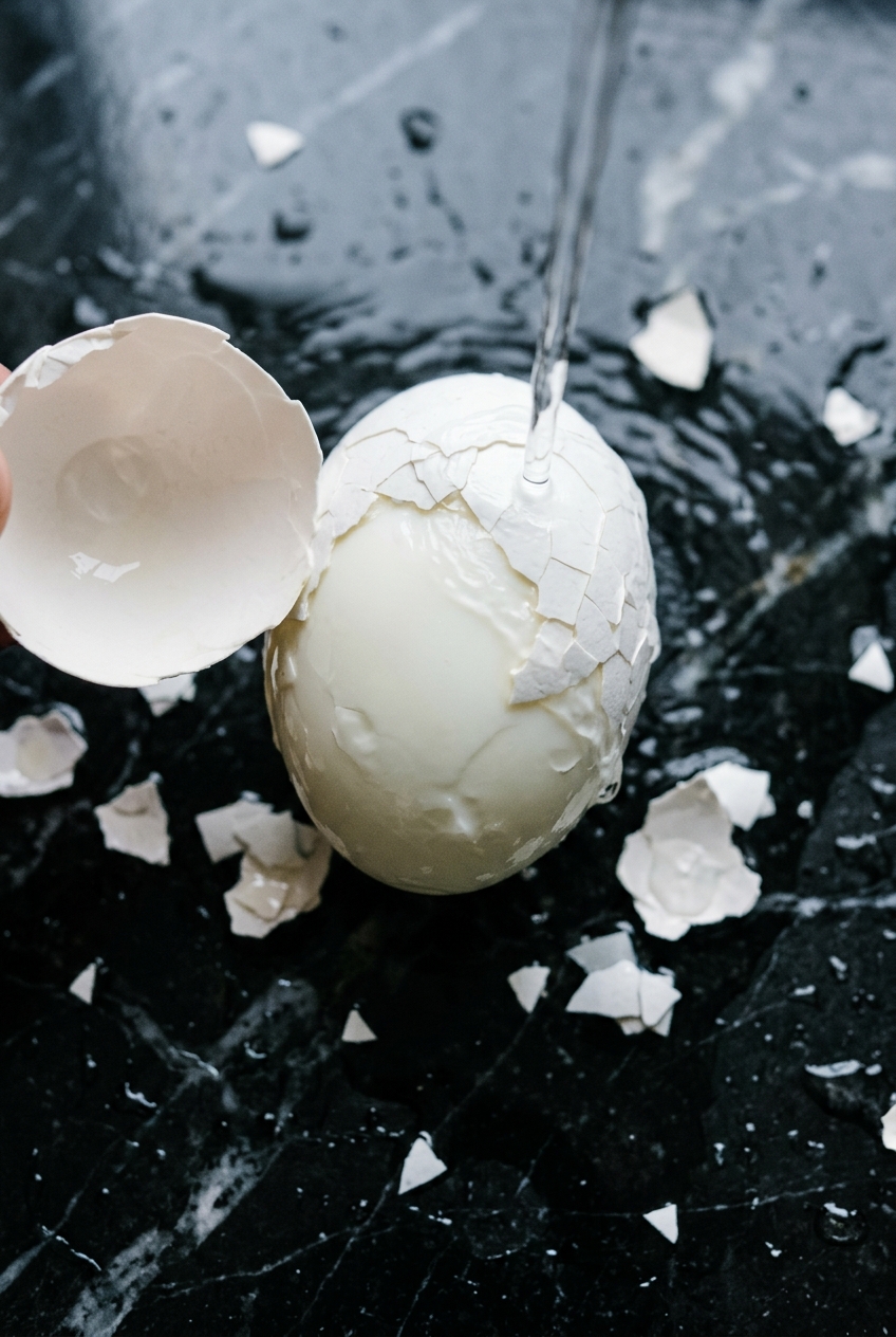 Overhead close-up of a hard boiled egg being peeled from the wide end, shell coming off in a large piece on black marble