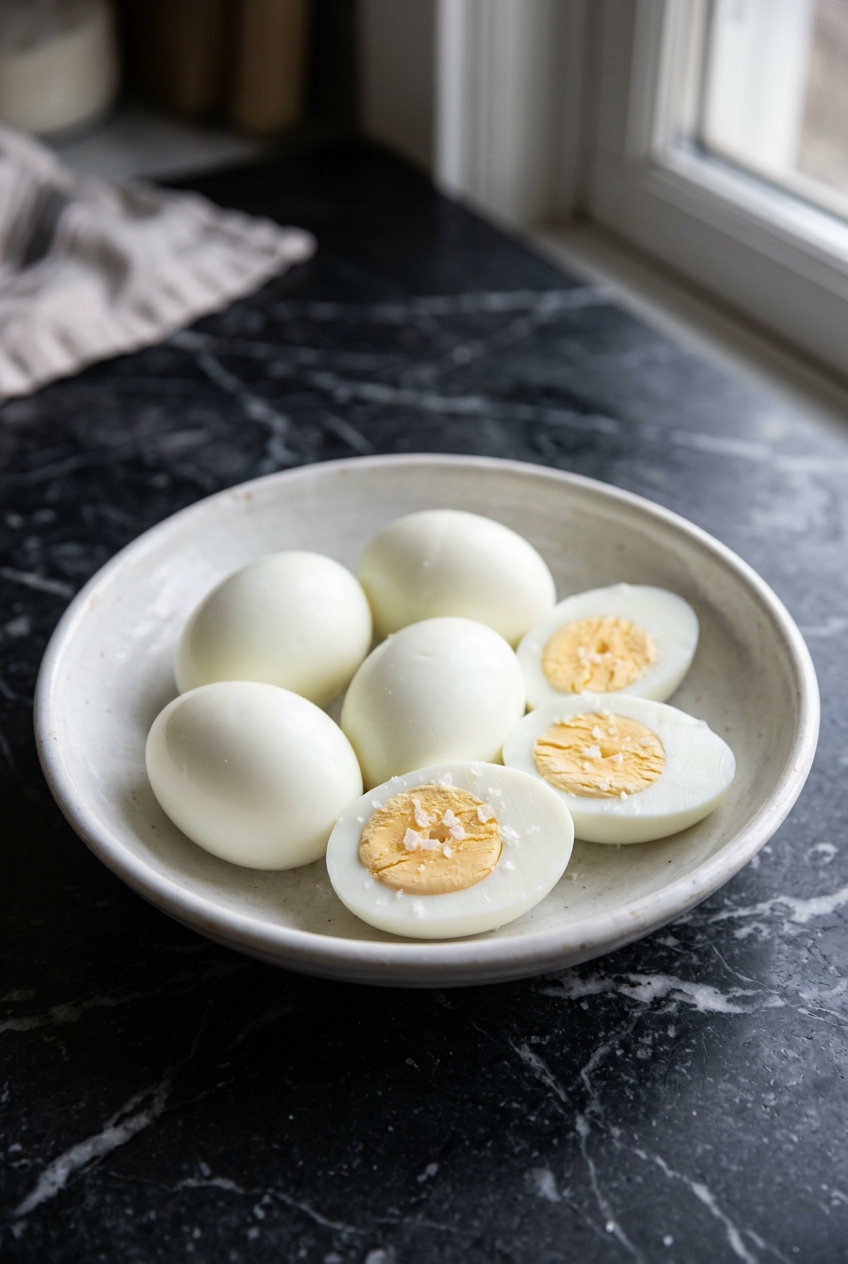 Six hard boiled eggs in a white bowl on black marble, three halved showing pale golden yolks, finished with flaky salt