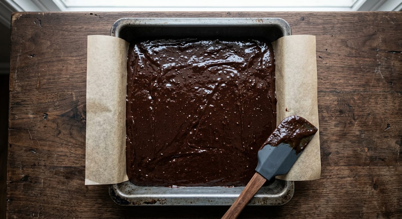 Raw double fudge brownie batter spread evenly in a parchment-lined 8x8 baking pan ready for the oven