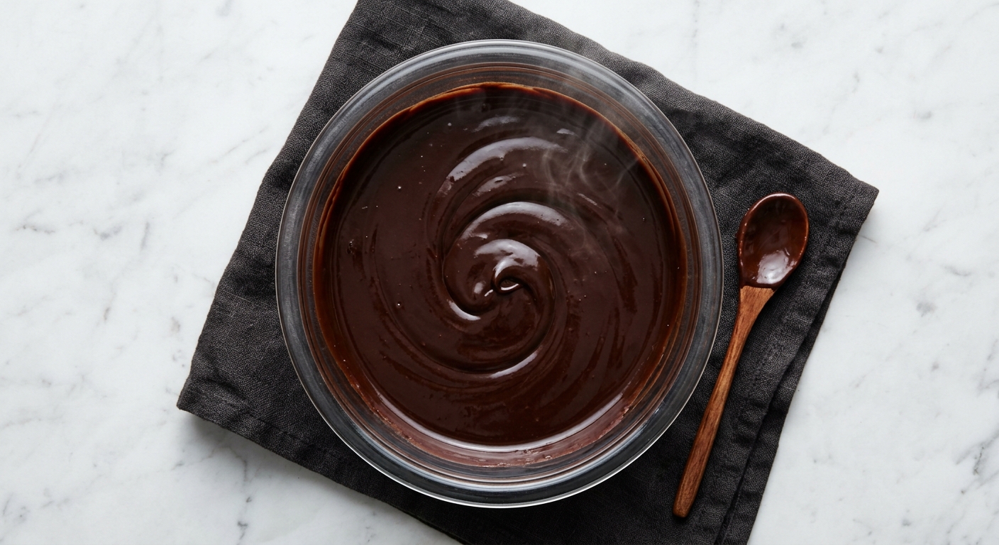 Overhead view of melted dark chocolate, butter, and cocoa powder combined into a thick glossy ganache in a glass bowl