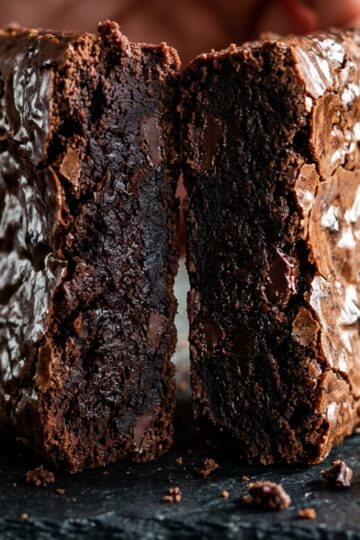 Close-up cross-section of a double fudge brownie showing fudgy dark chocolate interior and crackly shiny top