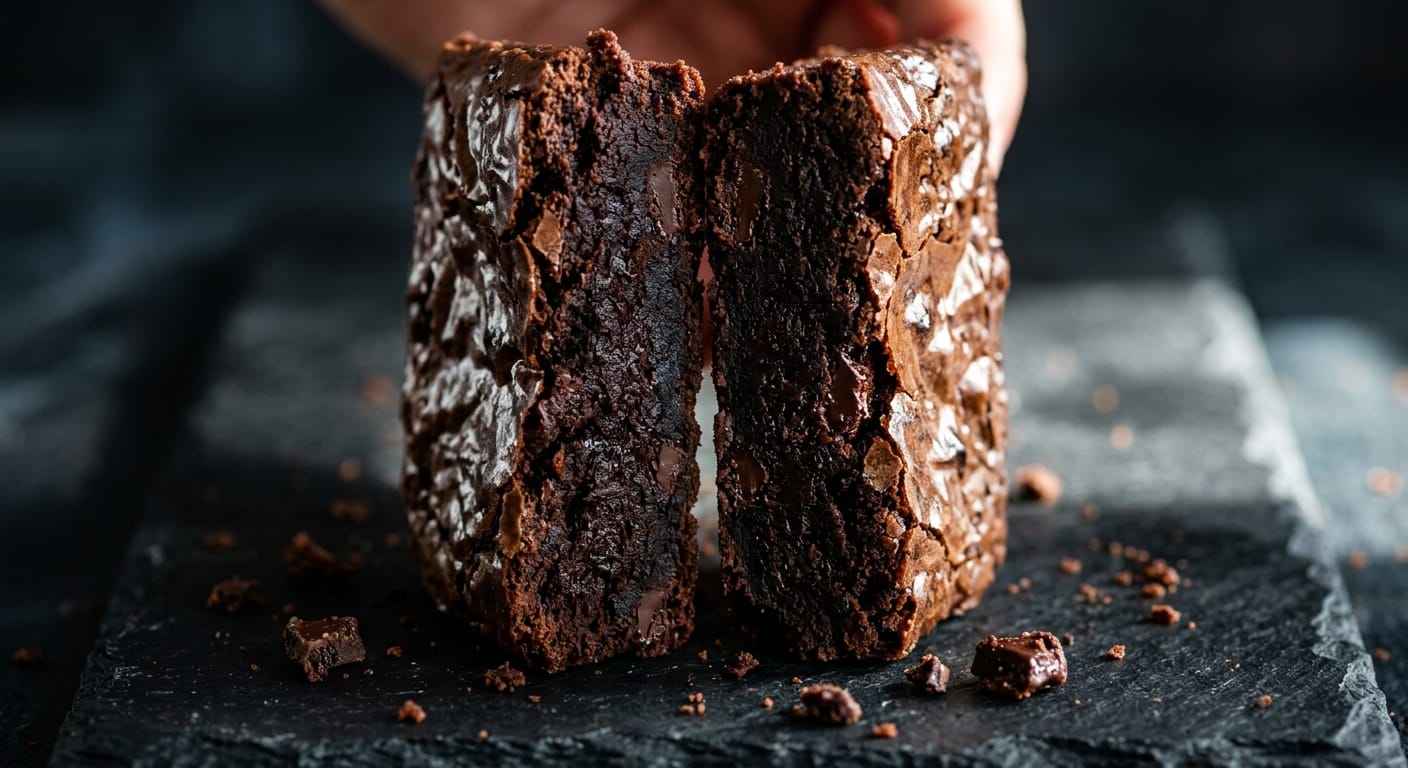 Close-up cross-section of a double fudge brownie showing fudgy dark chocolate interior and crackly shiny top
