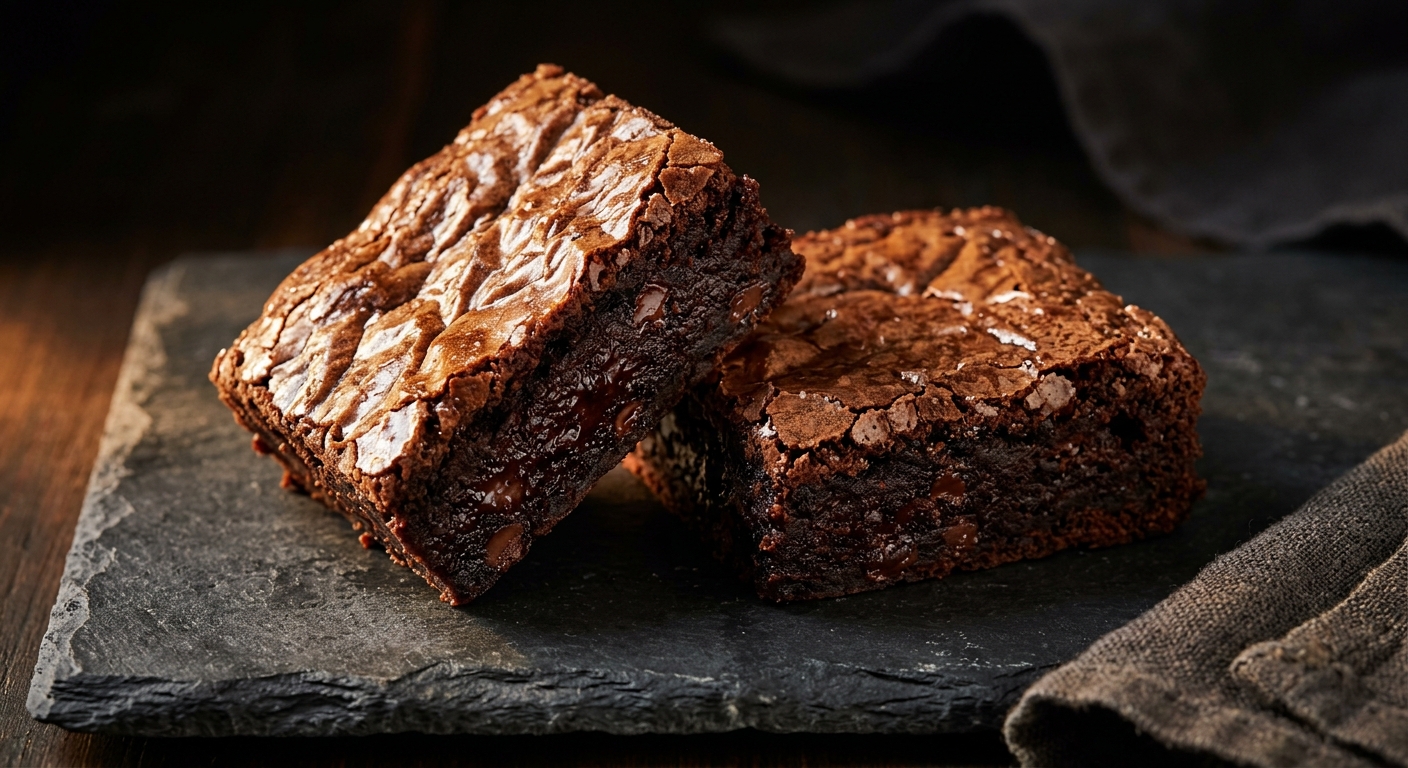 Two double fudge brownie squares on dark slate, one showing fudgy cross-section interior with crackly shiny top