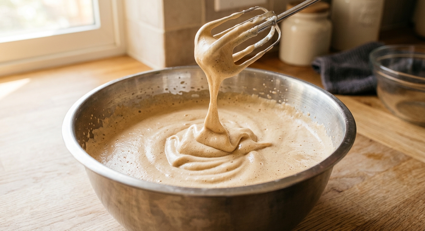 Whipped eggs and coconut sugar at ribbon stage in a mixing bowl, pale coffee-colored and doubled in volume