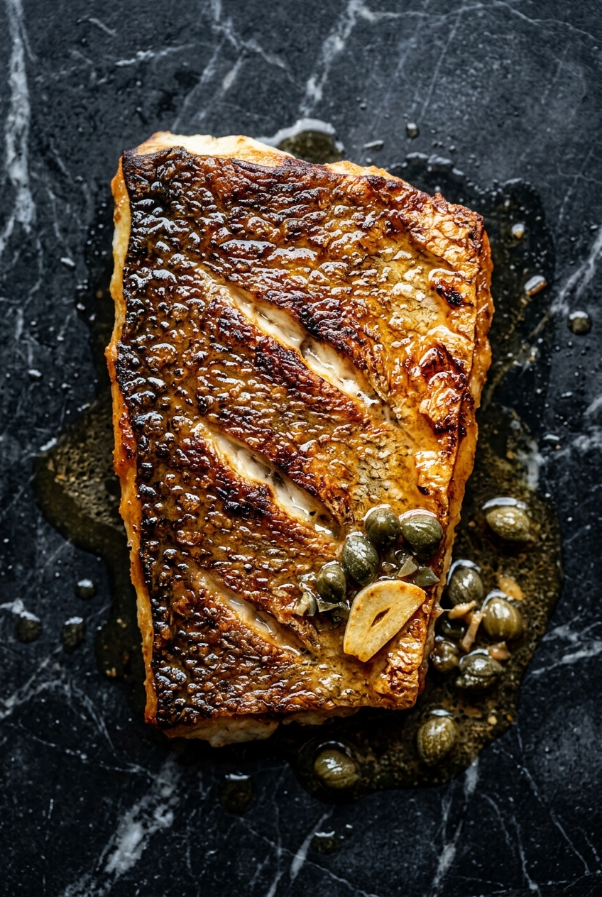 Close-up overhead of sablefish skin with three score marks, lacquered golden crust, capers and caper-butter sauce.