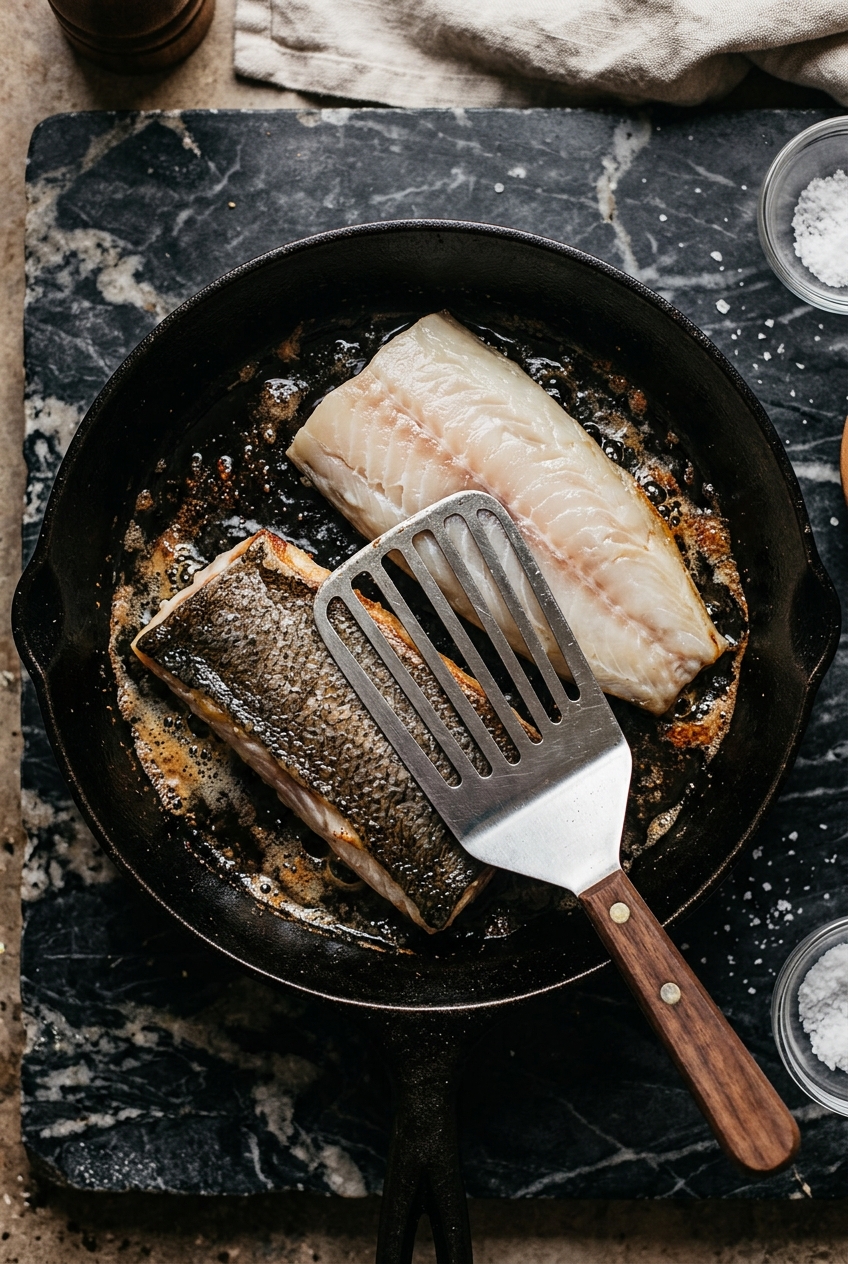 Overhead view of two sablefish fillets pressed skin-side down in a cast iron skillet with a fish spatula.