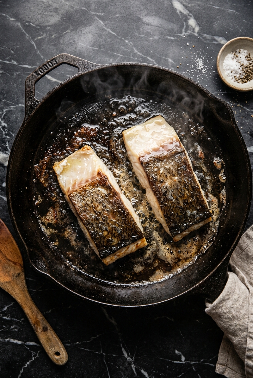 Overhead shot of sablefish fillets skin-side down in cast iron, fat pooling in pan, flesh opaque two-thirds up.