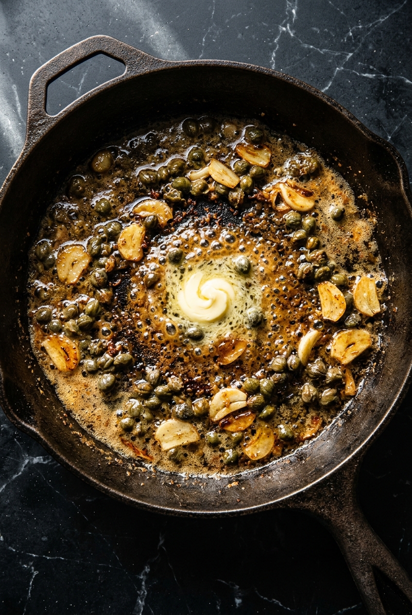 Overhead view of caper-butter pan sauce with sliced garlic and capers sizzling and reducing in a cast iron skillet.