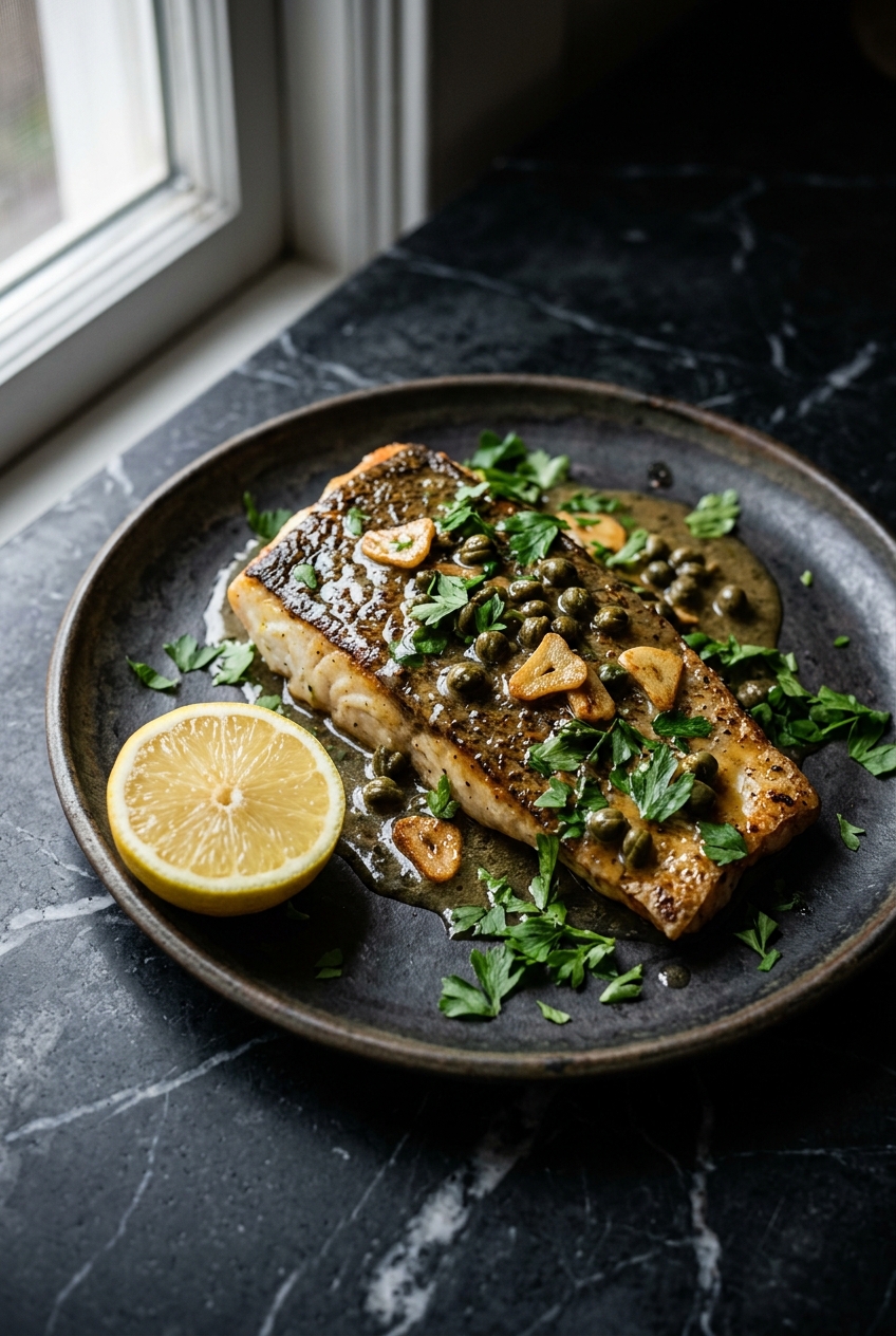 Plated pan-seared sablefish with caper-butter sauce, capers, garlic, parsley, and a halved lemon on a dark plate.