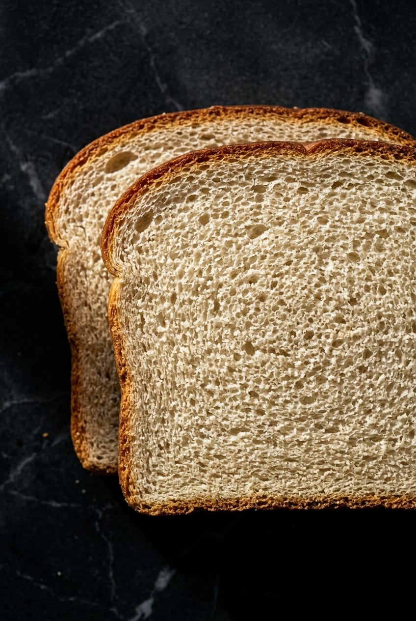 Close-up overhead cross-section of sandwich bread slices showing tight even crumb and golden crust edge