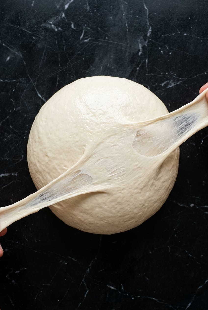 Bread dough stretched to show windowpane test, translucent membrane visible, shot overhead on black marble