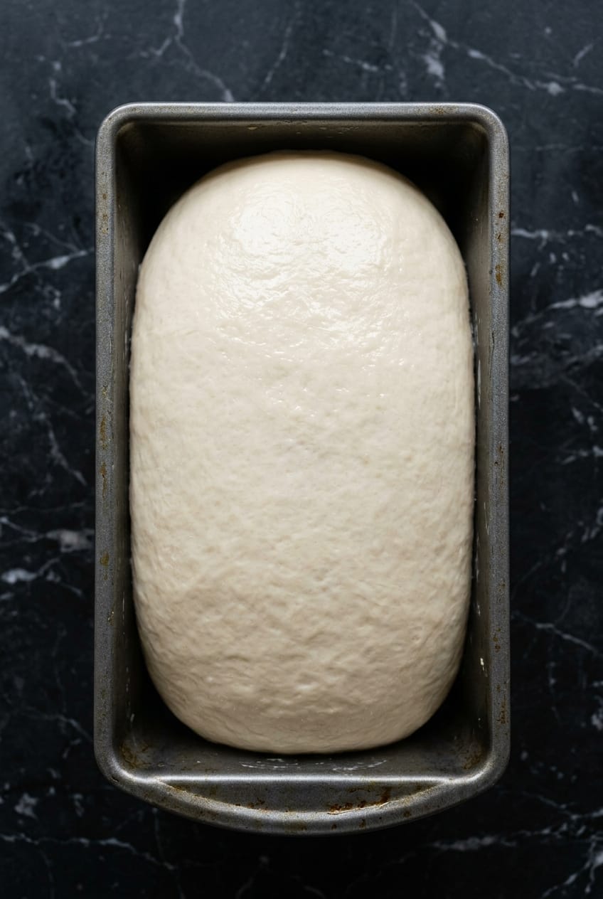 Proofed sandwich bread dough rising 1 inch above rim of metal loaf pan, overhead shot on black marble