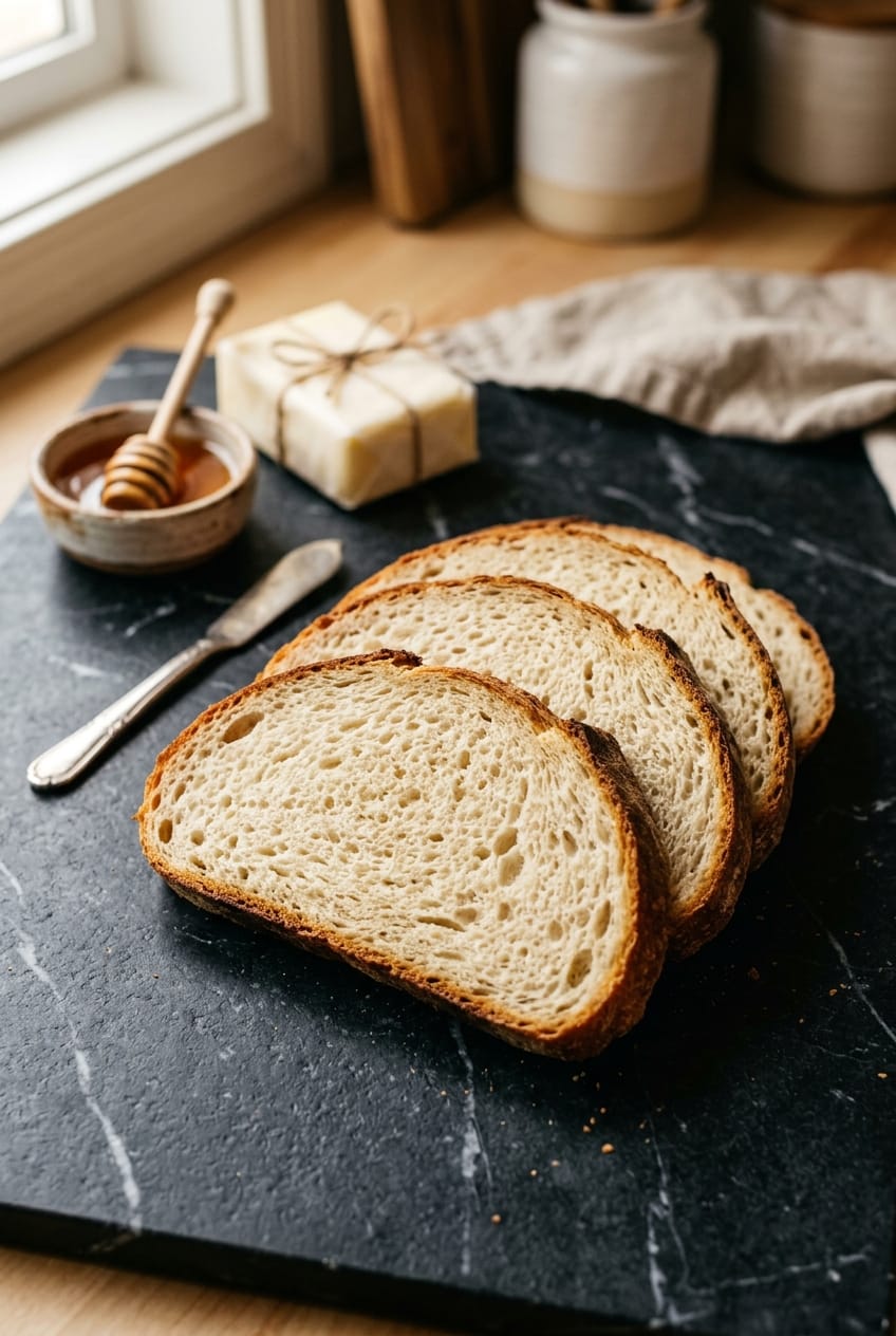Sliced homemade sandwich bread fanned on black marble with honey and butter, warm kitchen light